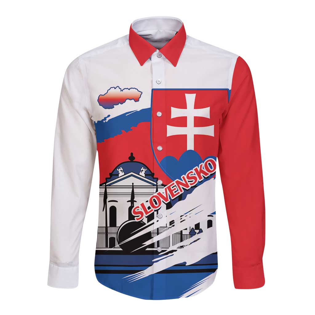 Long sleeve button shirt, red and white, crest and map graphic on front