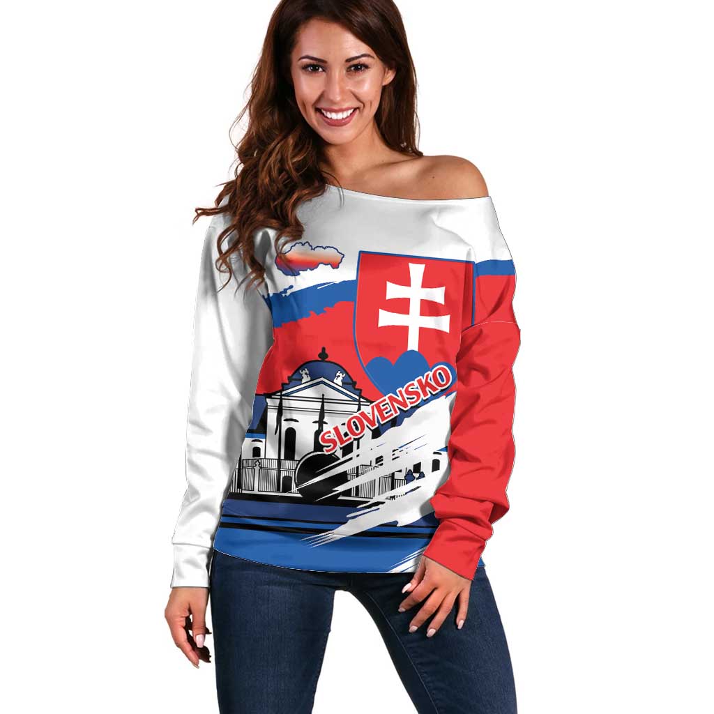 Slovakia Constitution Day Off Shoulder Sweater Slovensko Grassalkovich Palace With Coat Of Arms - Wonder Print Shop