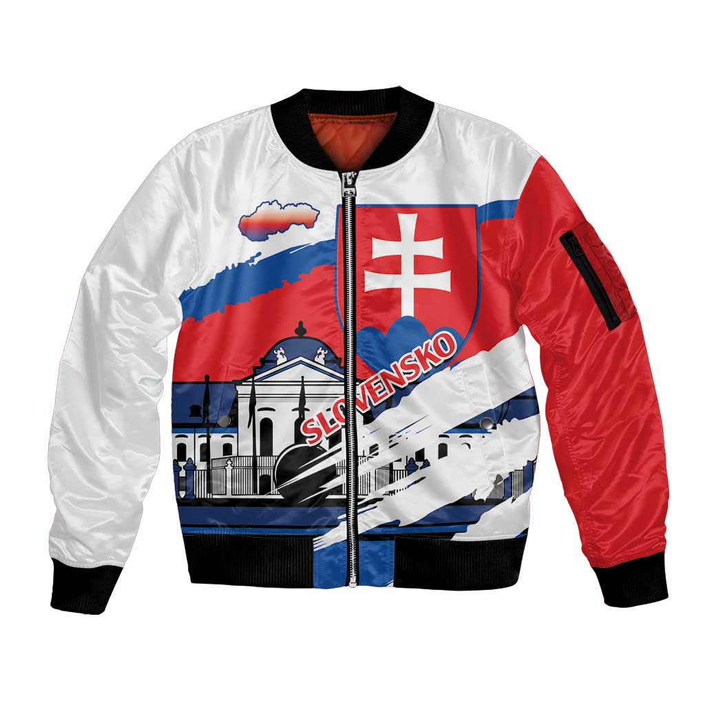 Slovakia Constitution Day Sleeve Zip Bomber Jacket Slovensko Grassalkovich Palace With Coat Of Arms - Wonder Print Shop