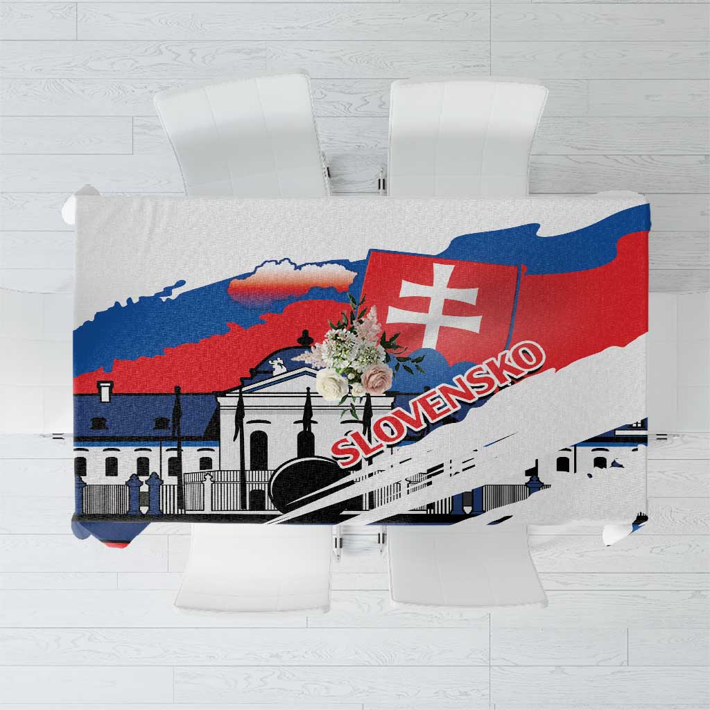 Red, blue, and white Slovakia-themed tablecloth with crest and landmark graphic