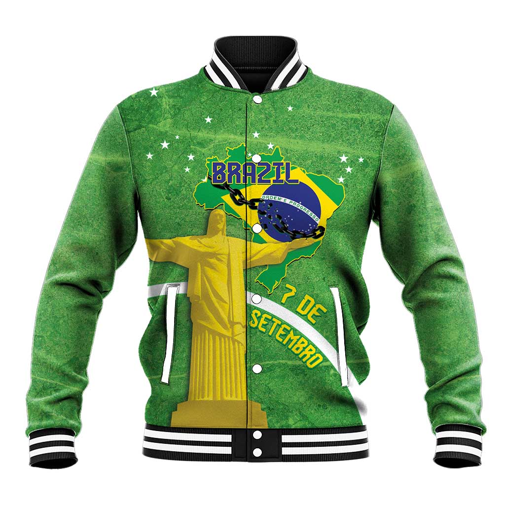 Green unisex baseball jacket with Brazil map, Christ figure, and striped rib trim