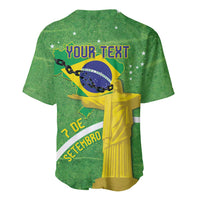 Green baseball jersey back with Brazil graphic, stars, and 'YOUR TEXT' lettering