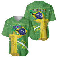 Green baseball jersey set showing front and back Brazil graphics, stars, and V-neck