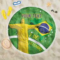 Green round beach blanket with fringed edge; Brazil map, Christ statue, YOUR TEXT