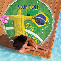 Green round beach blanket with fringed edge shown flat; Brazil map, Christ, YOUR TEXT