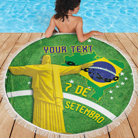Green round beach blanket with fringed edge and Brazil map, Christ image, YOUR TEXT