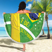 Green round beach blanket with fringed edge, Brazil map and Christ figure; YOUR TEXT