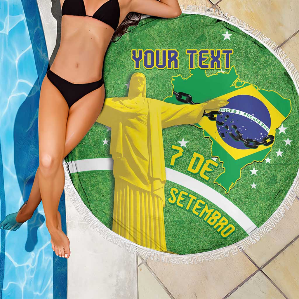 Green round beach blanket with fringed edge, Brazil map and Christ statue print; YOUR TEXT