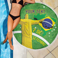 Green round beach blanket with fringed edge, Brazil map and Christ statue print; YOUR TEXT