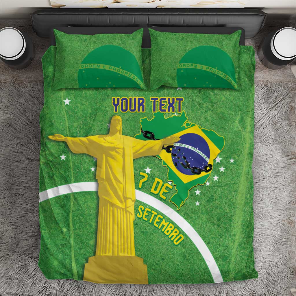 Green bedding set with duvet and two pillowcases, Brazil map and Christ statue graphic