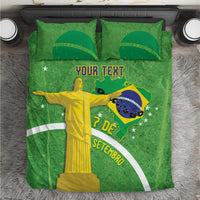 Green bedding set with duvet and two pillowcases, Brazil map and Christ statue graphic