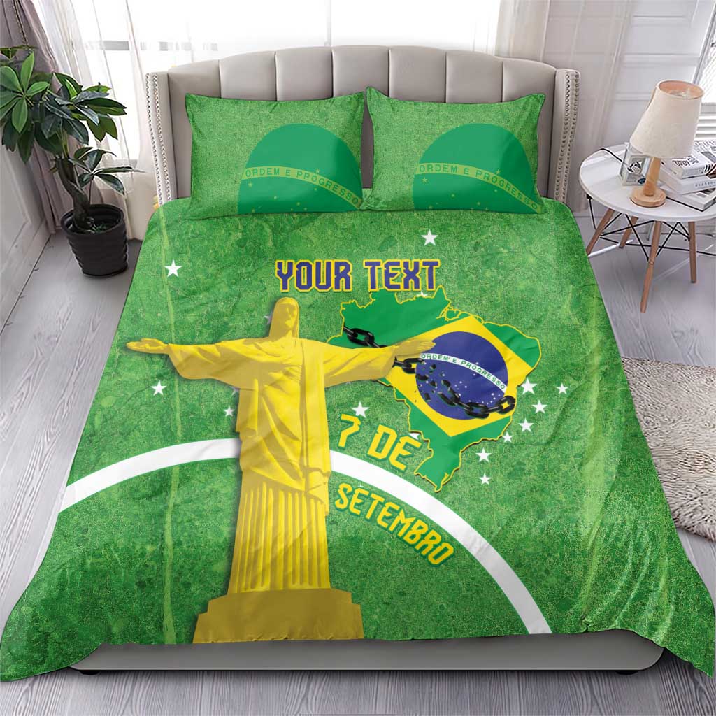 Green duvet and two pillowcases, Christ statue and Brazil map with custom text