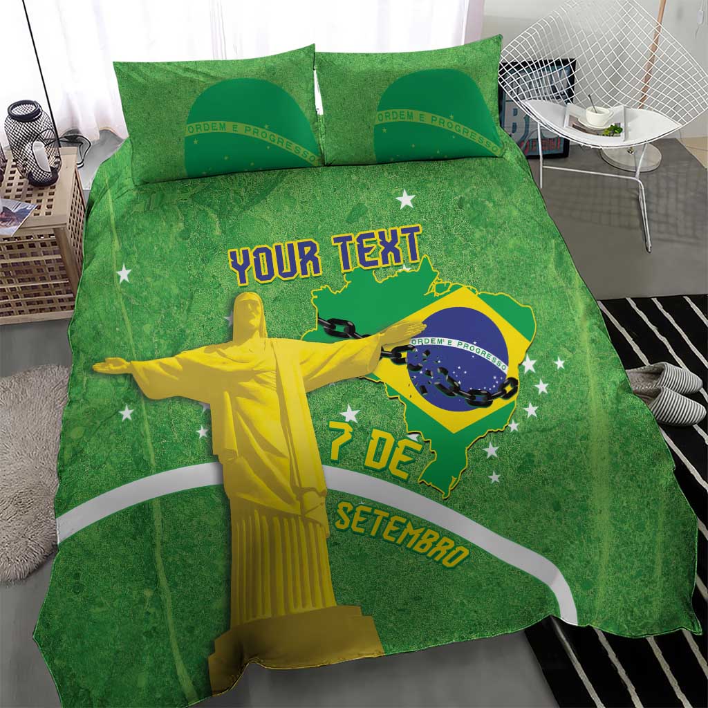 Green bedding set with duvet and two pillowcases, Christ statue and '7 de Setembro' print