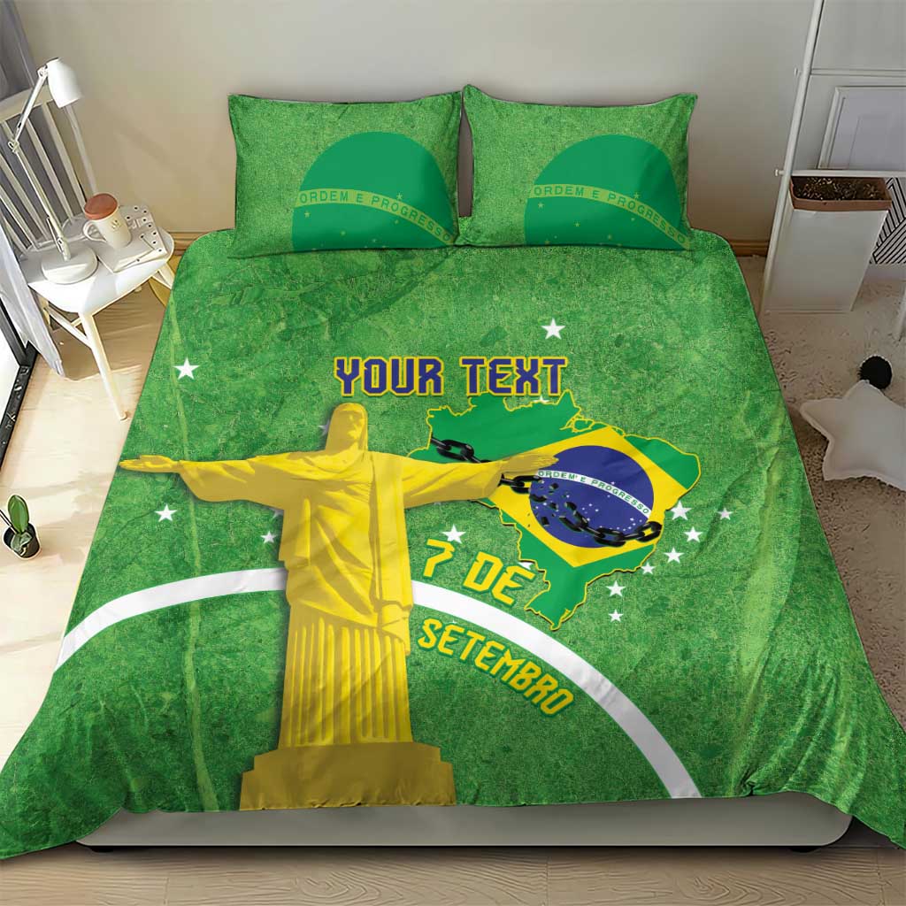 Green duvet and two pillowcases, custom text over Brazil Independence Day artwork