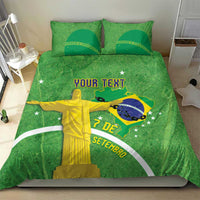 Green duvet and two pillowcases, custom text over Brazil Independence Day artwork