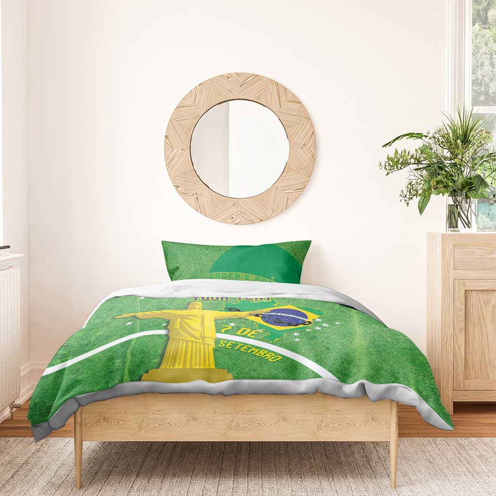 Green duvet cover and single pillow, Christ statue and Brazil Independence Day map art