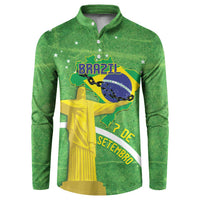 Green button-front long-sleeve sweatshirt with Brazil map and flag graphic on front