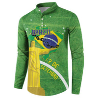 Green button-front long-sleeve sweatshirt with Brazil map and flag graphic with stars