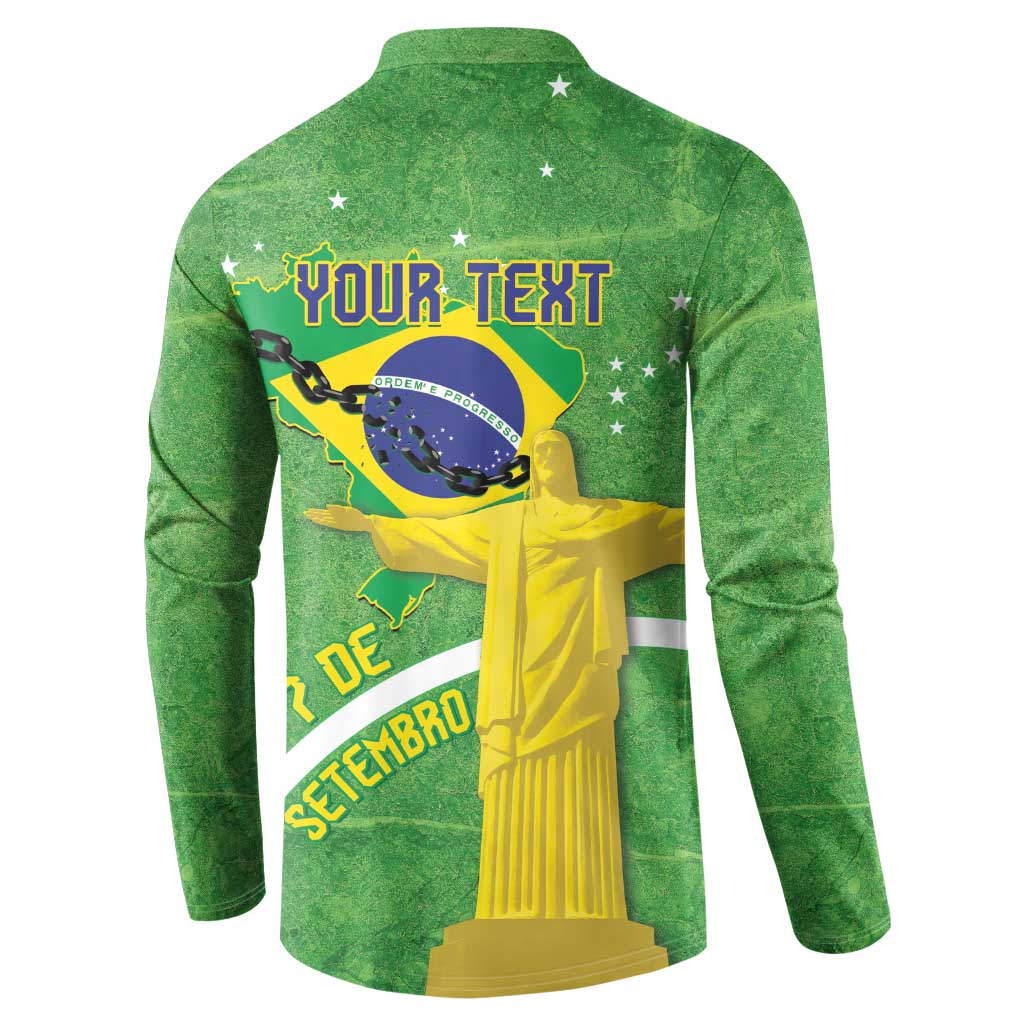 Green button-front sweatshirt with back print: YOUR TEXT, Brazil map and flag graphic