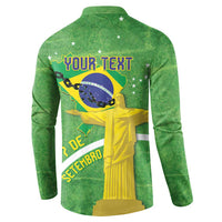 Green button-front sweatshirt with back print: YOUR TEXT, Brazil map and flag graphic