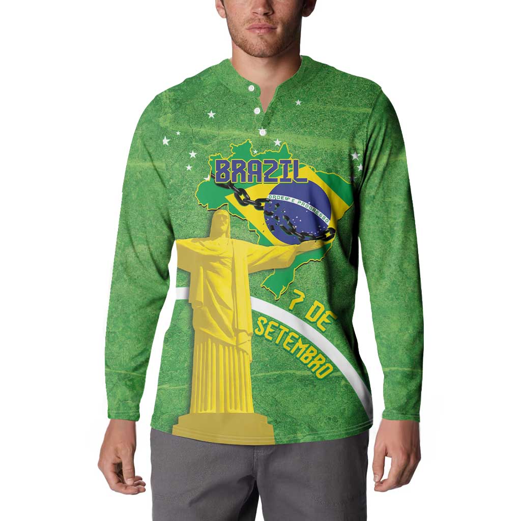 Green button-front sweatshirt with Brazil graphic featuring Christ the Redeemer and flag