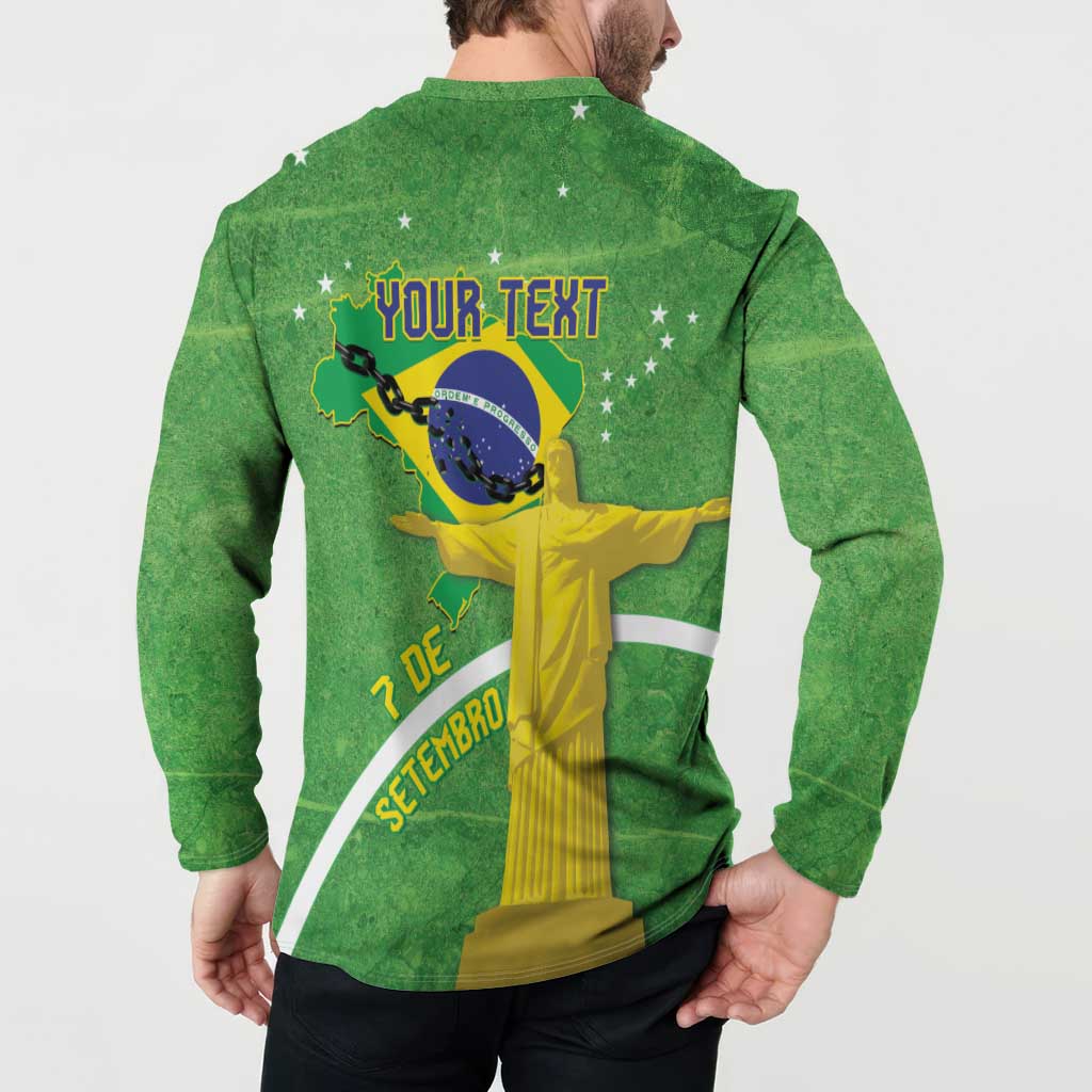 Green button-front sweatshirt with back print: YOUR TEXT, Brazil flag and Christ graphic
