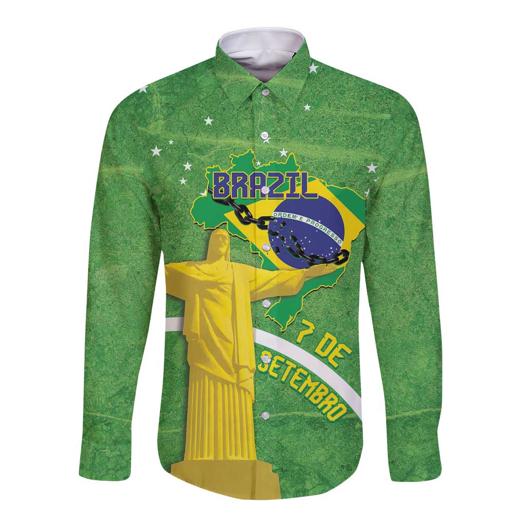 Unisex green long-sleeve button shirt with Brazil map and Christ statue graphic
