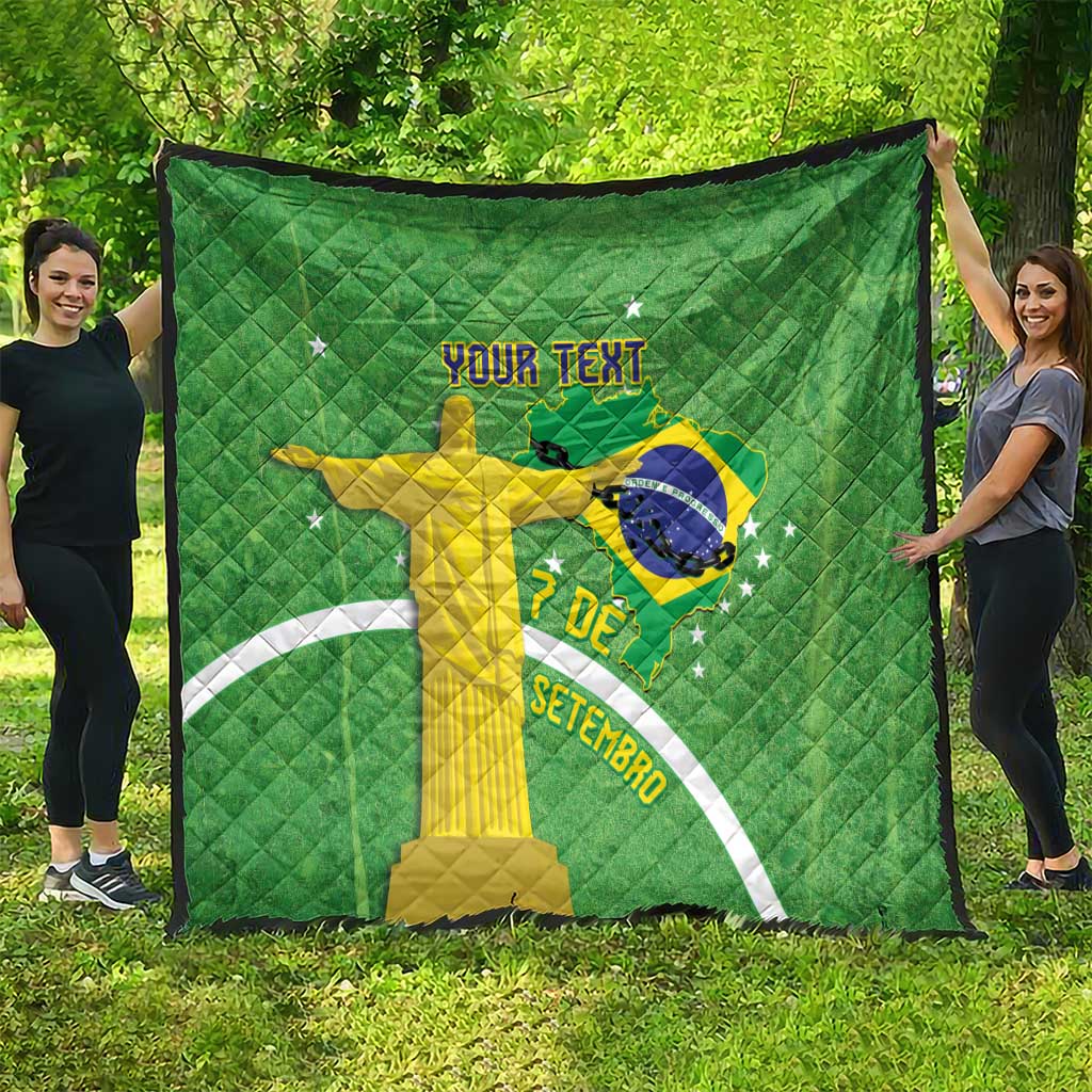 Green personalized Brazil quilt featuring Christ the Redeemer, map, stars, and your text