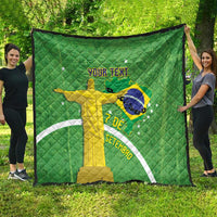 Green personalized Brazil quilt featuring Christ the Redeemer, map, stars, and your text