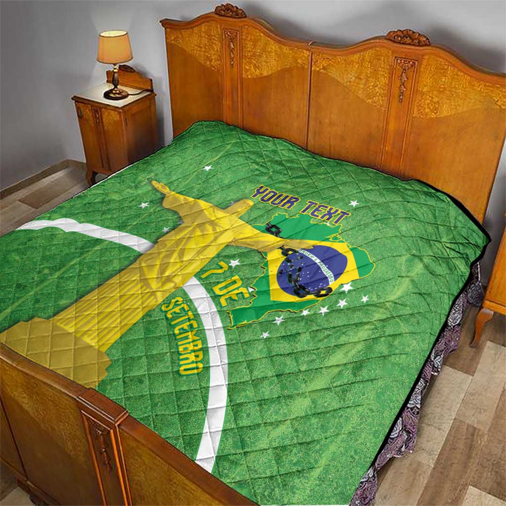 Personalized green Brazil quilt on bed with Christ the Redeemer, map, and your text