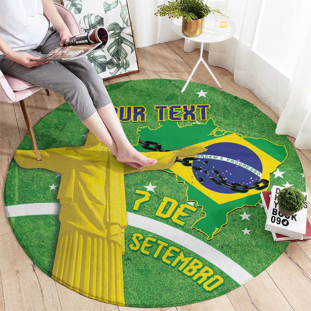 Round green Brazil rug with custom text, Christ statue, Brazil map, and star details