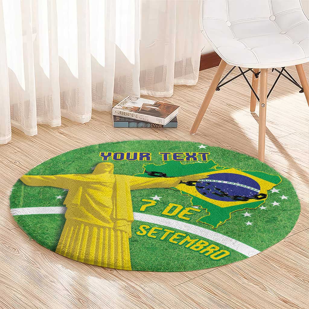 Round green Brazil rug on wood floor showing Christ statue, Brazil map, and custom text