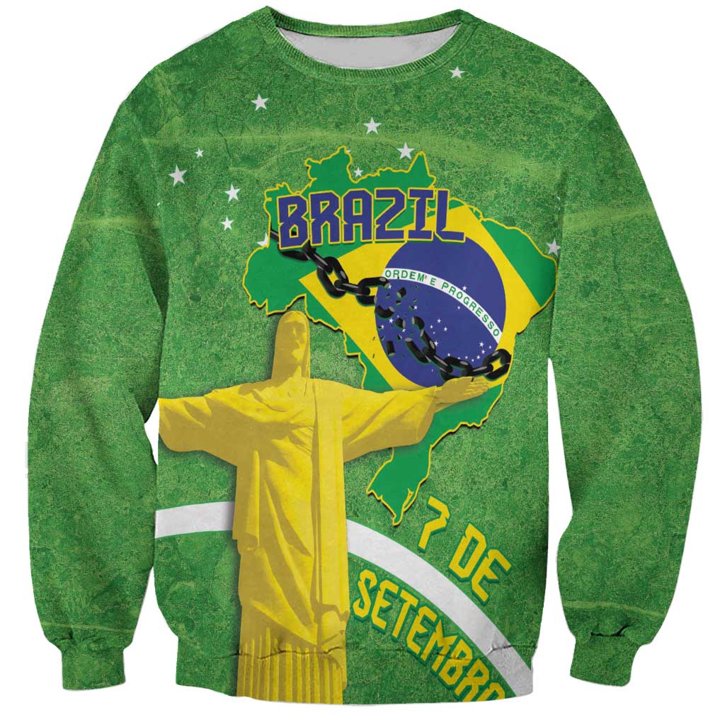 Green unisex sweatshirt with Brazil map, flag cross, stars, Christ the Redeemer graphic