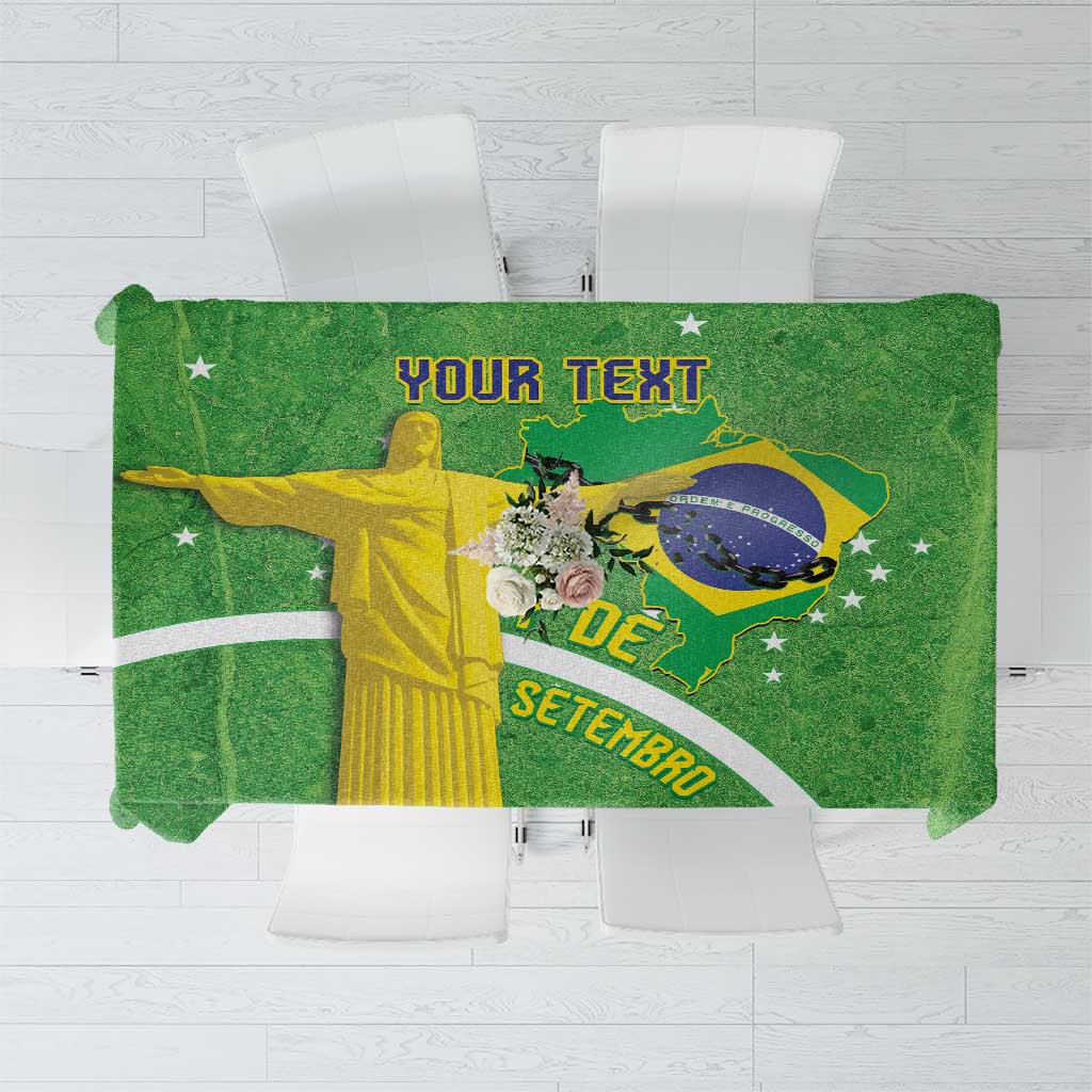 Green tablecloth with Brazil flag map, Christ the Redeemer, and 'YOUR TEXT' area