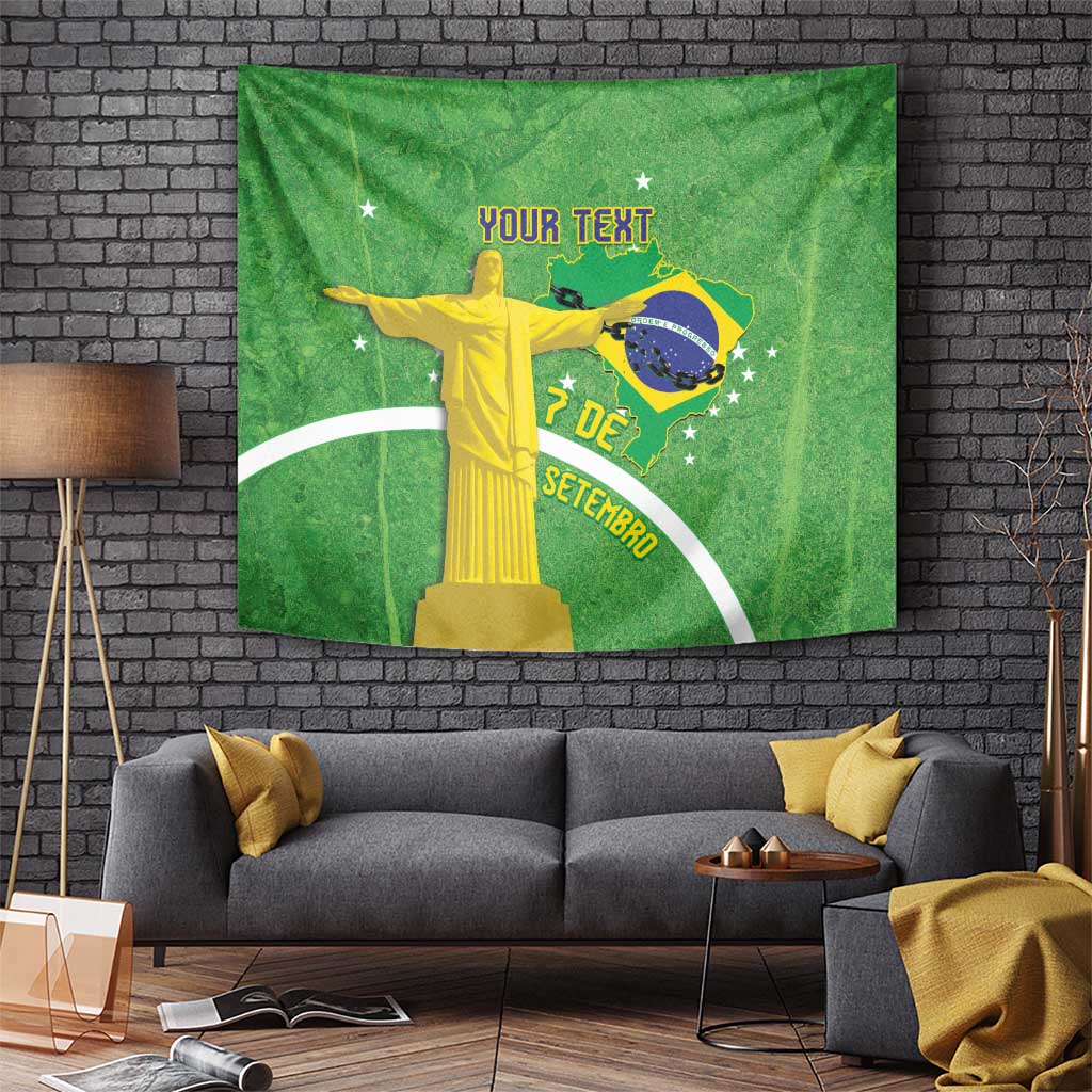 Green hanging tapestry featuring Christ the Redeemer, Brazil map, and “7 de Setembro”