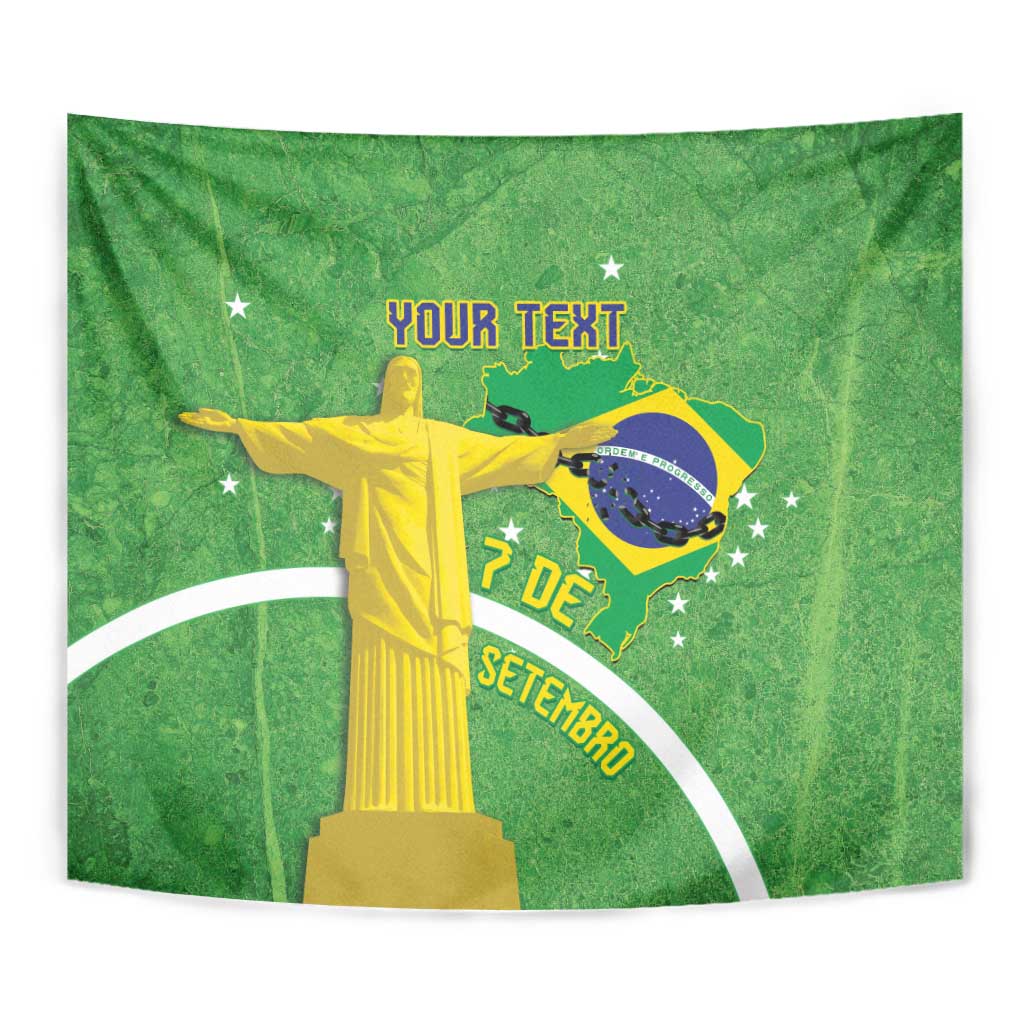 Green Christ the Redeemer tapestry close view with Brazil map and “7 de Setembro”