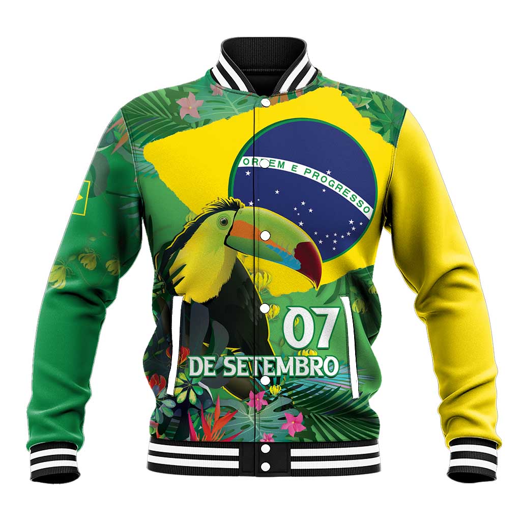 Green and yellow tropical baseball jacket with toucan graphic and Brazil emblem