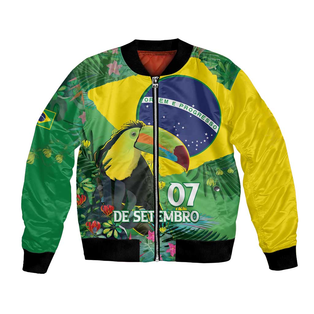 Green, yellow and navy bomber jacket with full-zip front, toucan and floral print