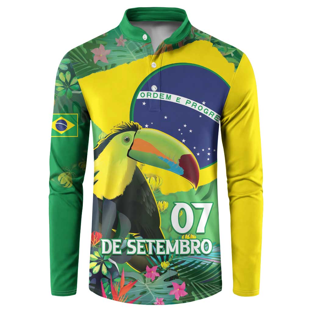 Brazil button sweatshirt in green and yellow with toucan tropical floral front graphic
