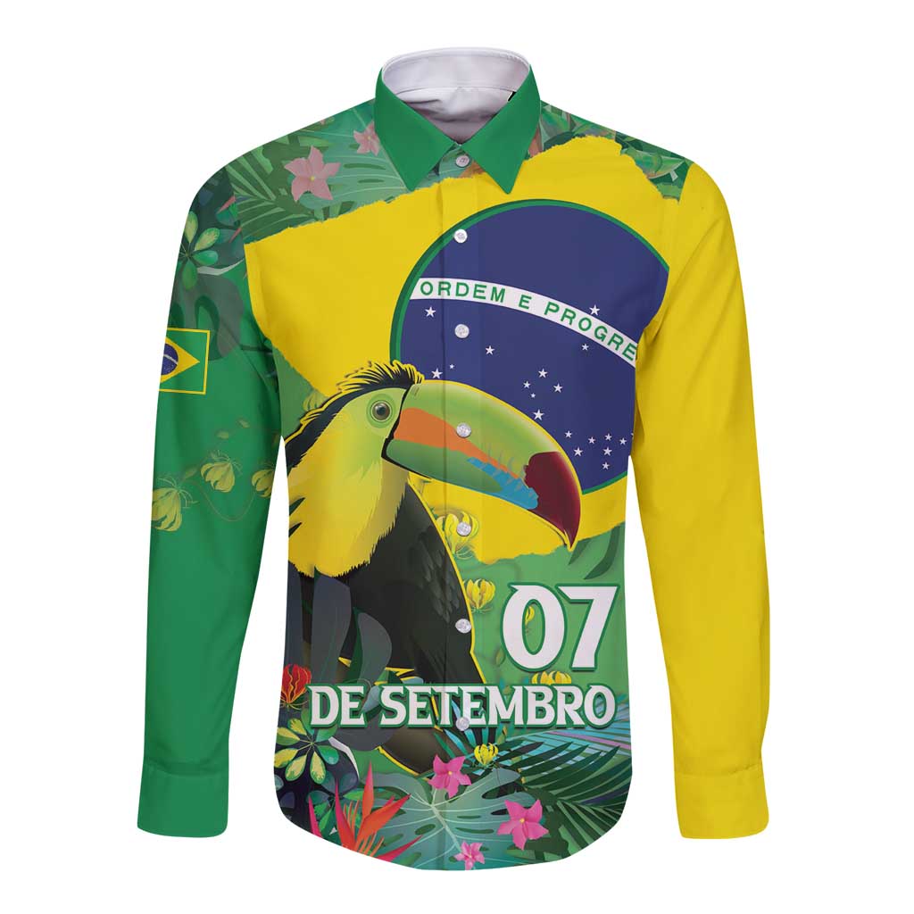 Unisex long-sleeve button shirt with green and yellow toucan Brazil graphic, front