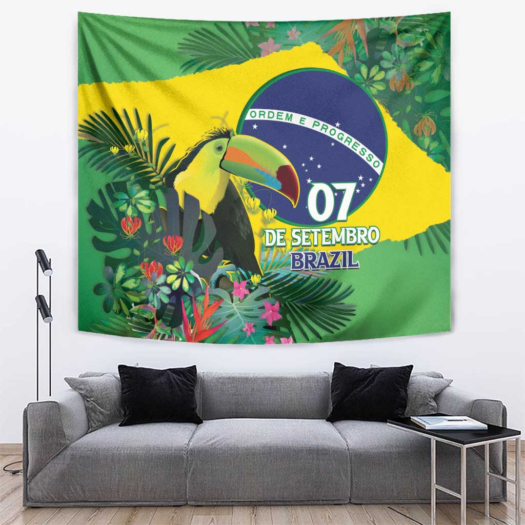 Green tropical Brazil tapestry with toucan and "07 de Setembro Brazil" emblem