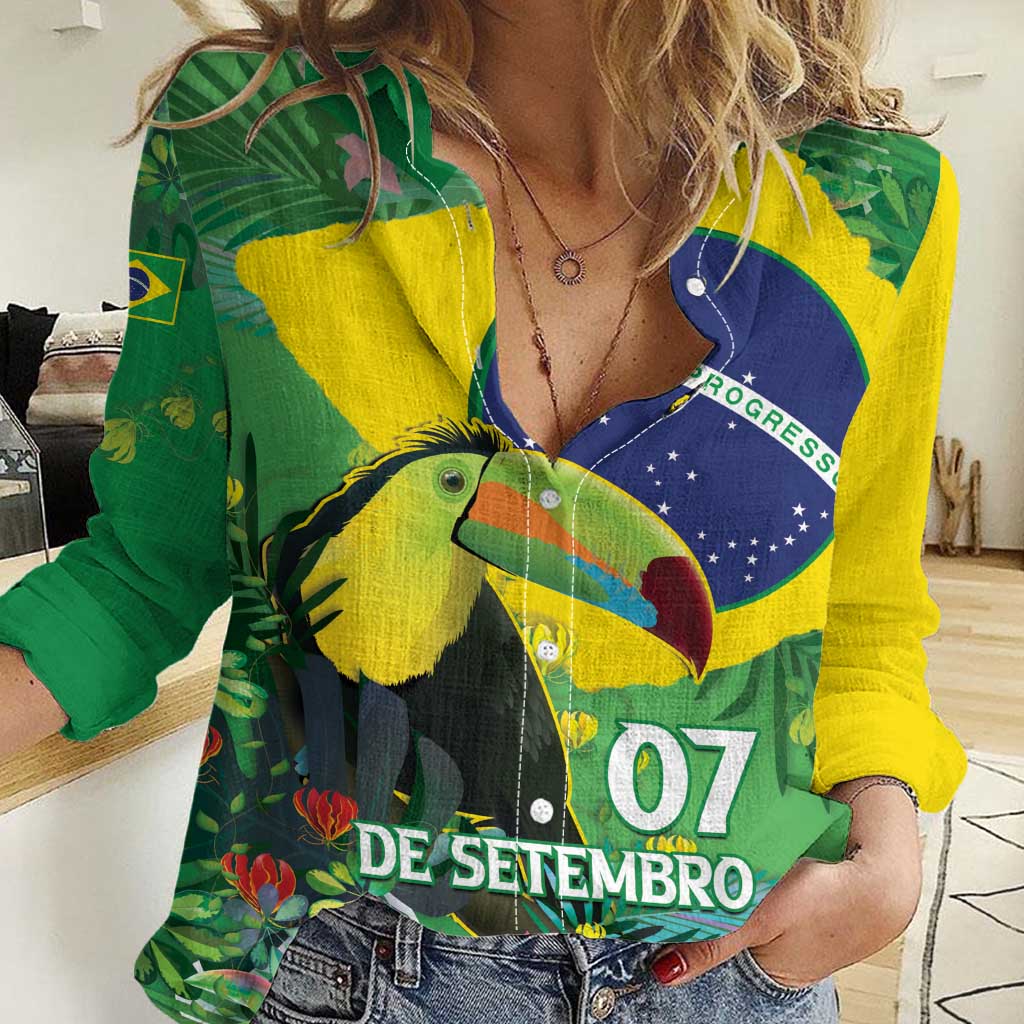 Feliz Dia Da Indepencencia Brazil Women Casual Shirt Brasil Toucan Tropical Vibes - Wonder Print Shop