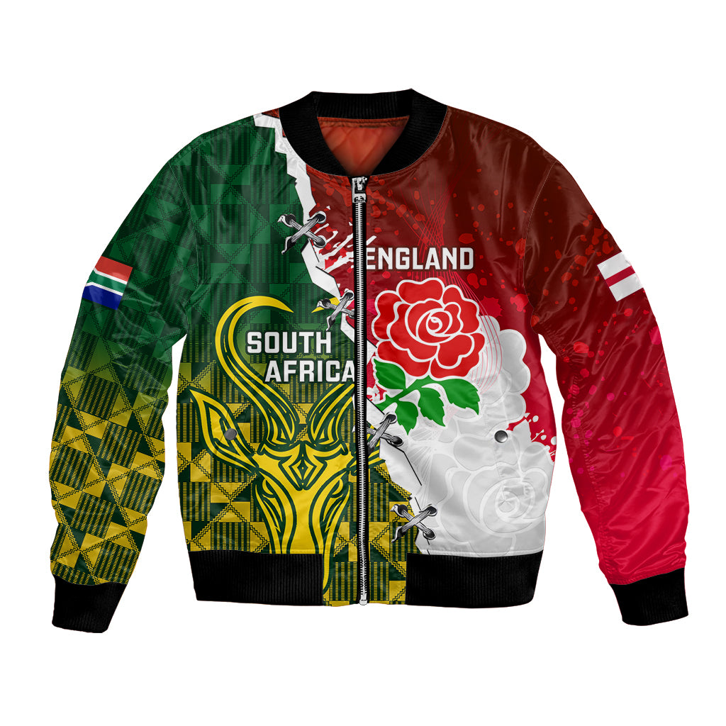 Unisex red and green zip-up bomber jacket with rugby crest graphics and ribbed cuffs