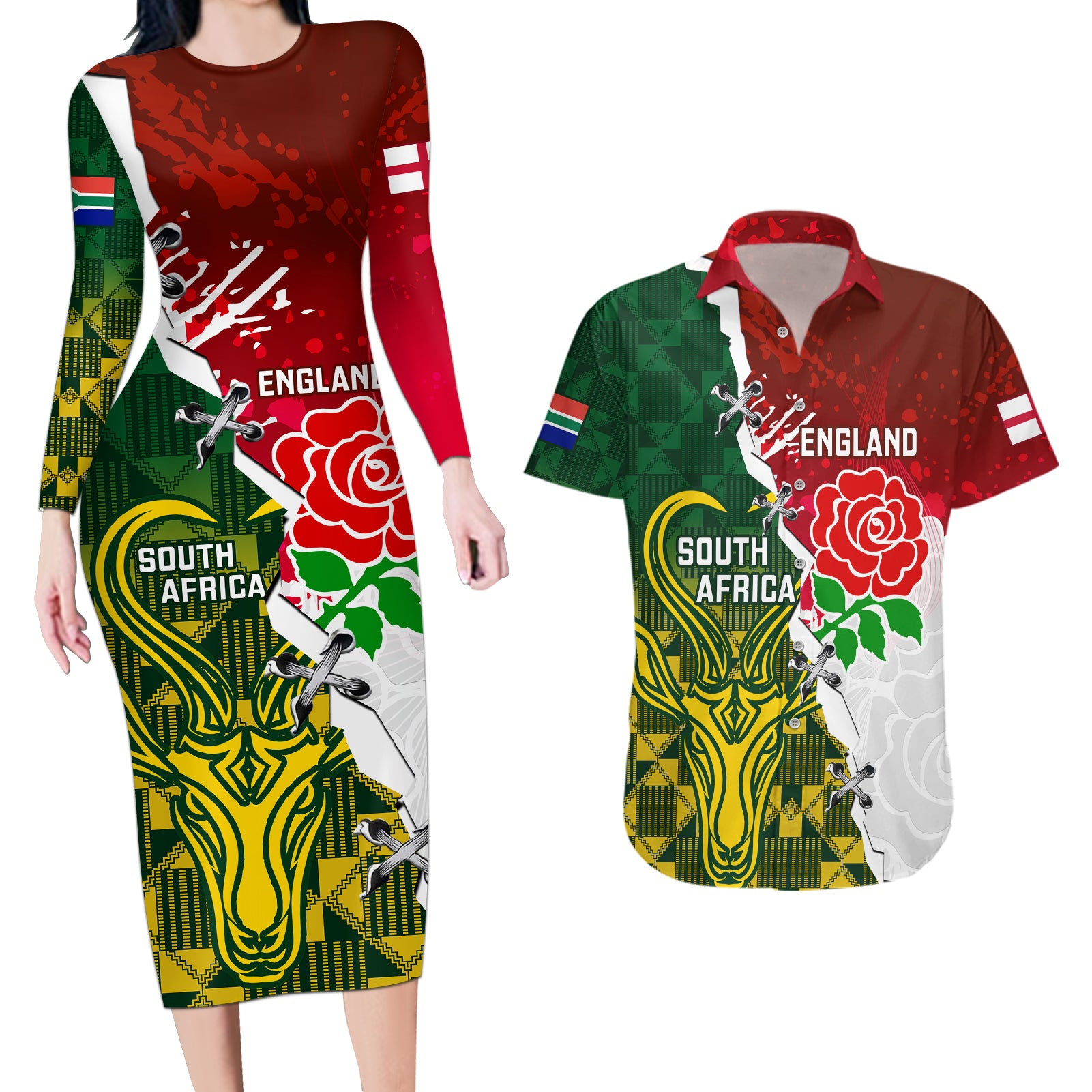 Personalised South Africa And England Rugby Couples Matching Long Sleeve Bodycon Dress and Hawaiian Shirt 2023 Springboks Combine Red Roses Sporty Style - Wonder Print Shop