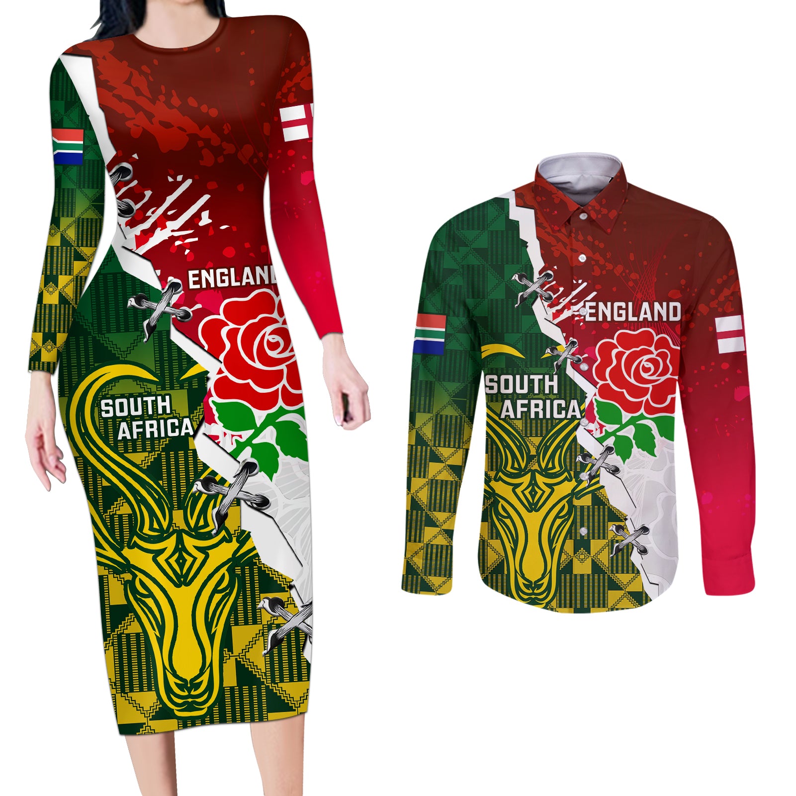 Personalised South Africa And England Rugby Couples Matching Long Sleeve Bodycon Dress and Long Sleeve Button Shirts 2023 Springboks Combine Red Roses Sporty Style - Wonder Print Shop