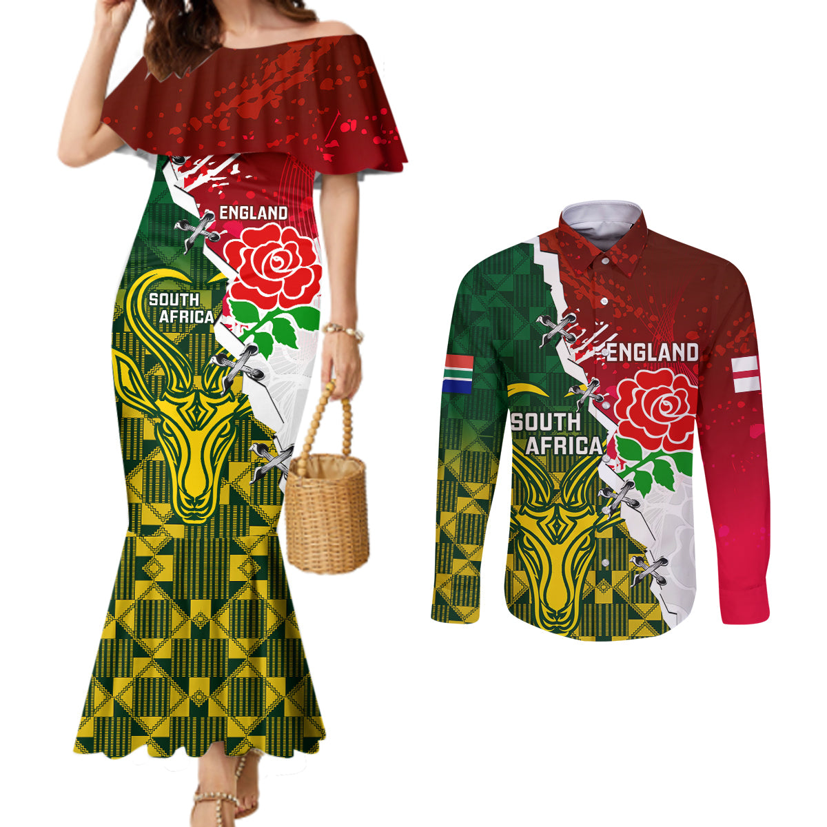 personalised-south-africa-and-england-rugby-couples-matching-mermaid-dress-and-long-sleeve-button-shirts-2023-springboks-combine-red-roses-sporty-style