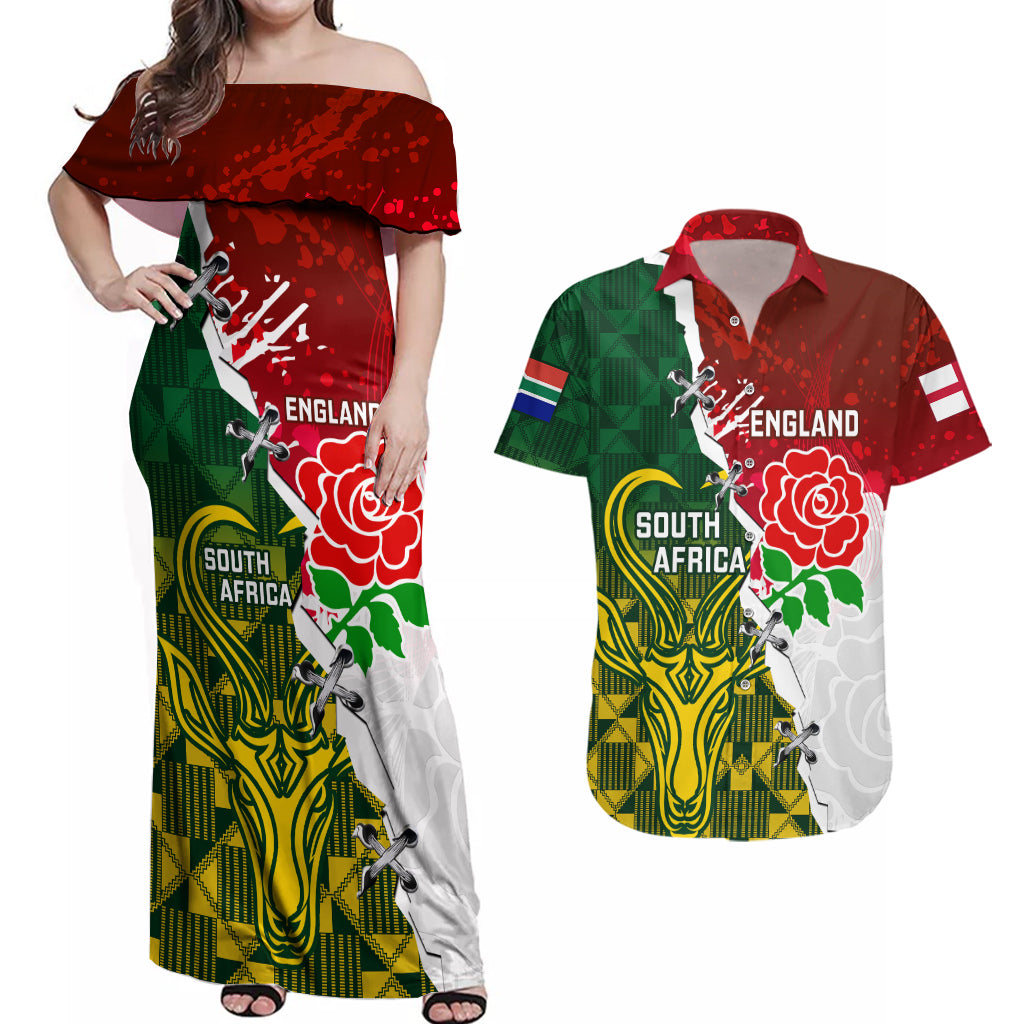 Personalised South Africa And England Rugby Couples Matching Off Shoulder Maxi Dress and Hawaiian Shirt 2023 Springboks Combine Red Roses Sporty Style - Wonder Print Shop