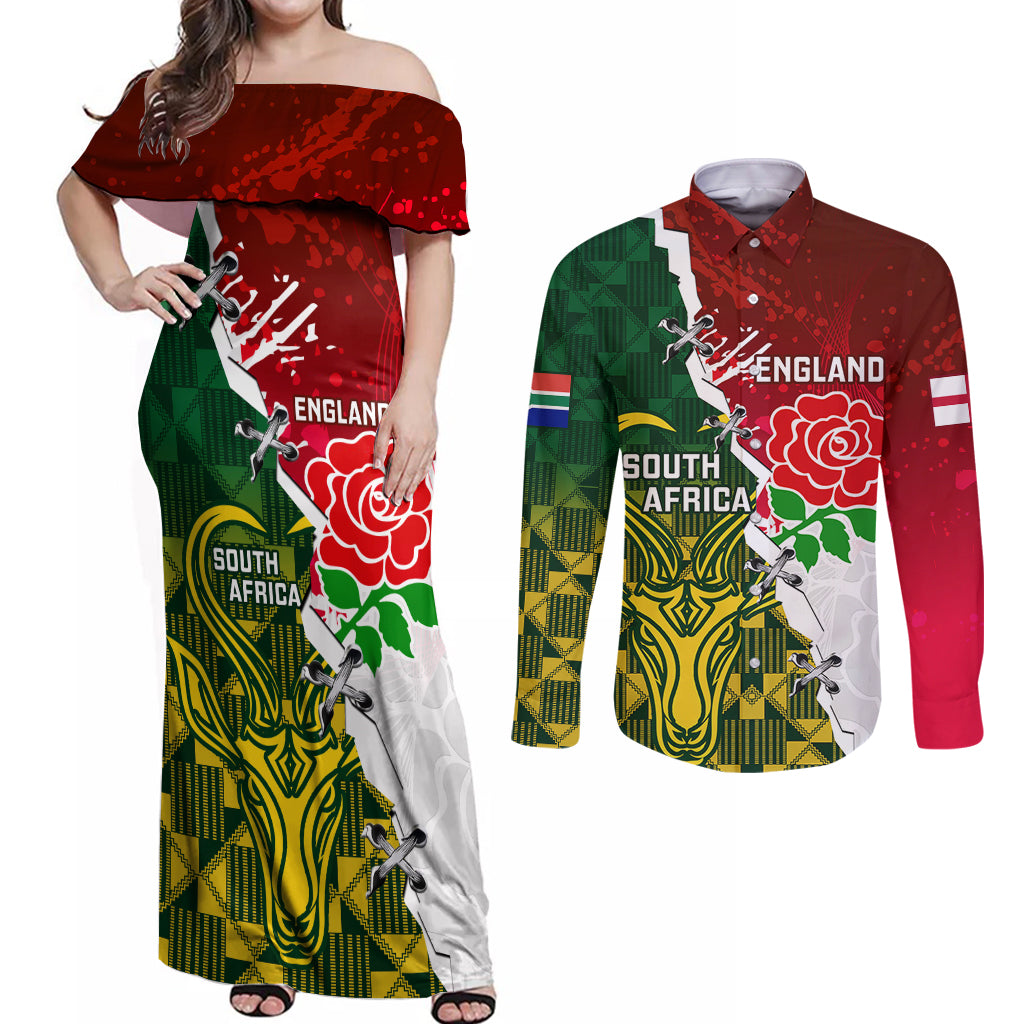 Personalised South Africa And England Rugby Couples Matching Off Shoulder Maxi Dress and Long Sleeve Button Shirts 2023 Springboks Combine Red Roses Sporty Style - Wonder Print Shop