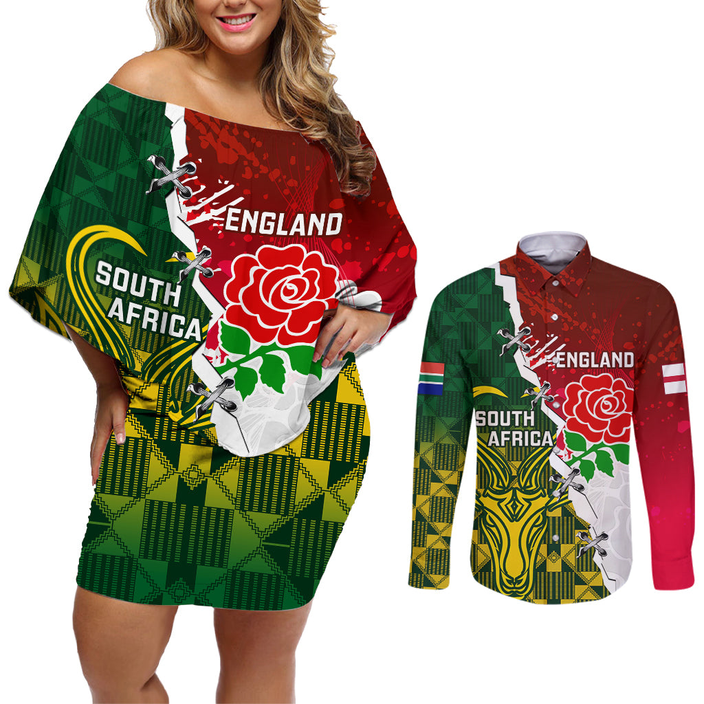 Personalised South Africa And England Rugby Couples Matching Off Shoulder Short Dress and Long Sleeve Button Shirts 2023 Springboks Combine Red Roses Sporty Style - Wonder Print Shop