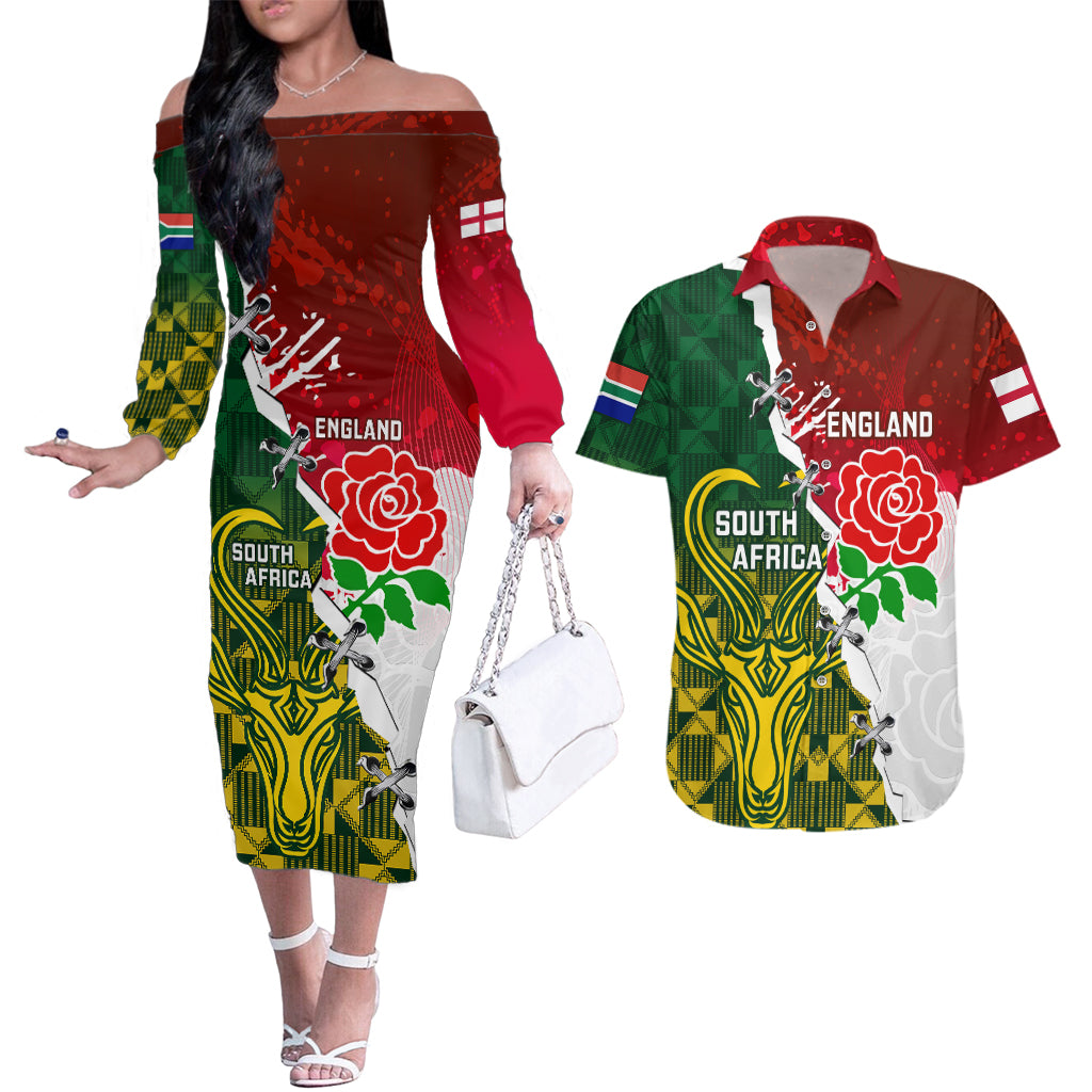 Personalised South Africa And England Rugby Couples Matching Off The Shoulder Long Sleeve Dress and Hawaiian Shirt 2023 Springboks Combine Red Roses Sporty Style - Wonder Print Shop